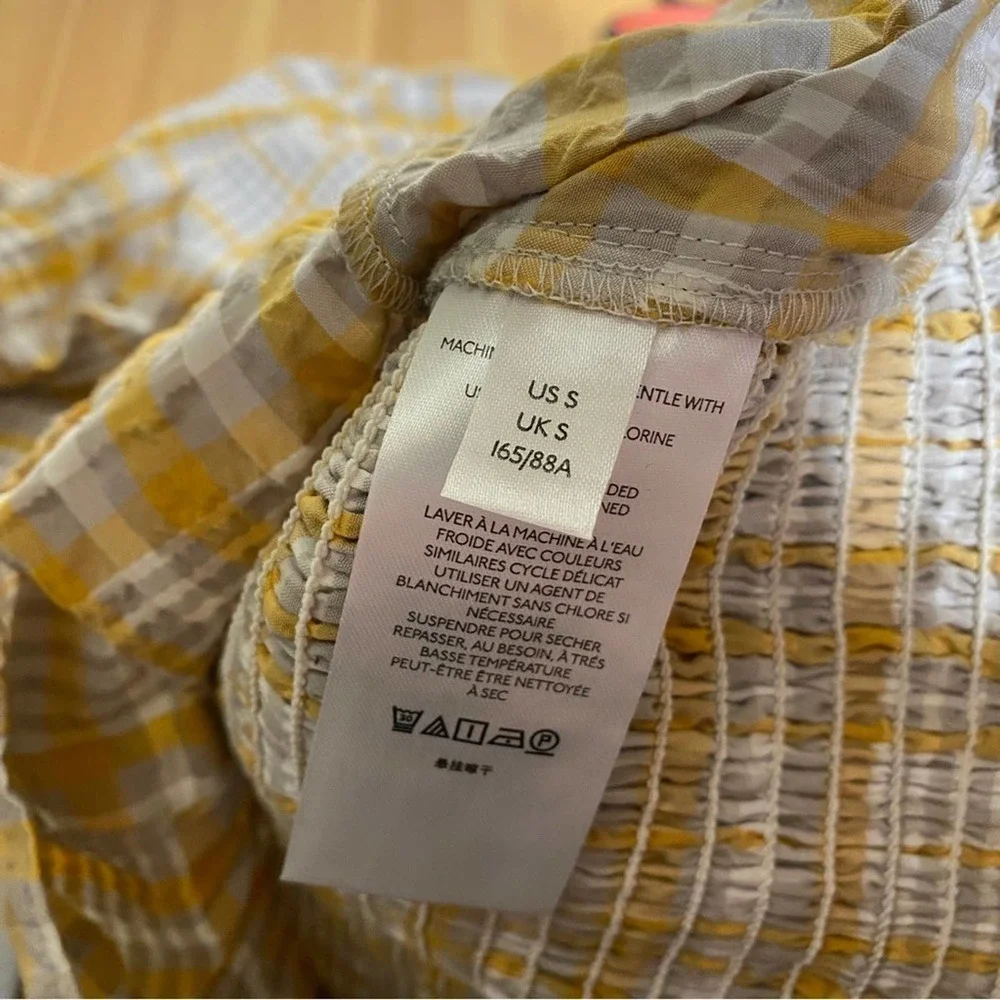 Anthropologie Maeve Plaid Print Square-Neck Blouse Puff Sleeves Cream Yellow Top